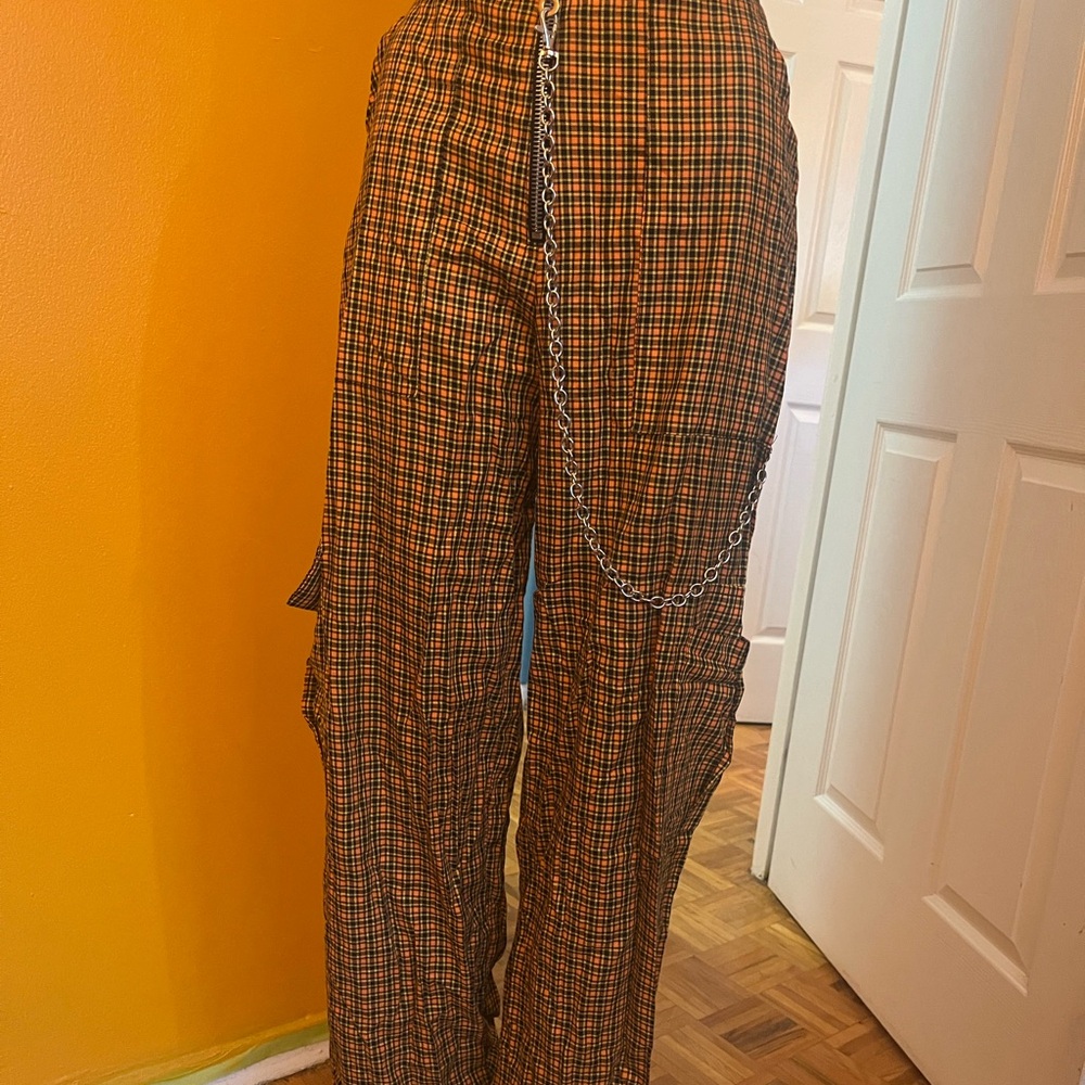 The Ragged Priest Yellow Cargo Plaid Pants Trousers XS wide leg Y2K punk style - Picture 2 of 5